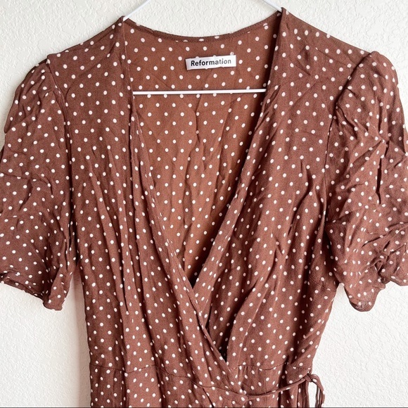 Reformation Lucky Mini wrap Dress Brown polka dot XL, runs small - Picture 4 of 9